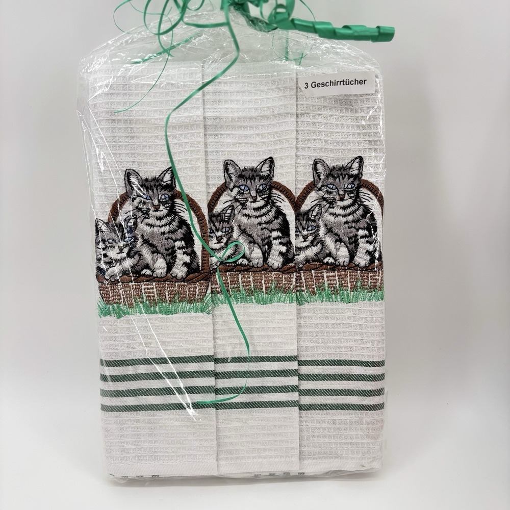 Set Of 3‎ Kitchen Towels Embroidered Cat And Kitten New White Geschirrtucher